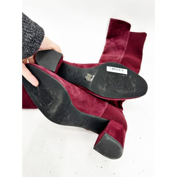 Stuart Weitzman Gillian Knee High Suede Heeled Boots in Burgundy 6 - Picture 4 of 5